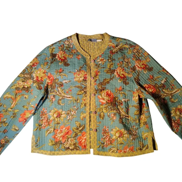 Floral Quilted Jacket in Teal and Coral - Picture 3 of 10